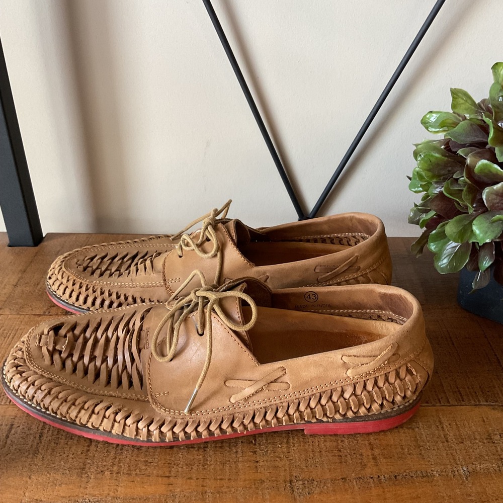 Sperry Gold Cup Woven Tan Leather Huarache Boat Shoes Red Sole Mens 43 US 10